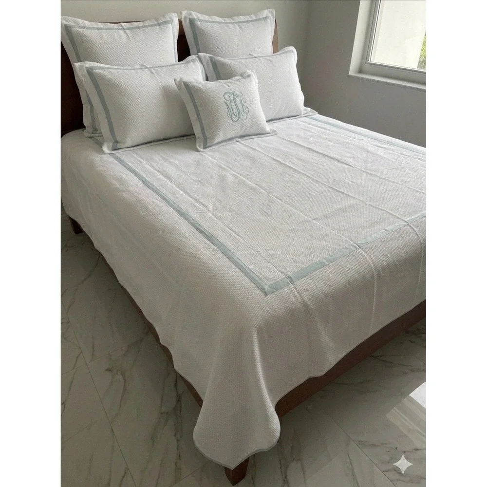 Look Linen‎ Co Twin Banded Duvet Cover White Blue Trim Cotton Portugal Luxury